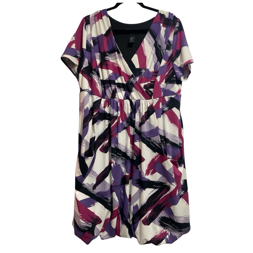Lane Bryant Bubble Hem Dress Sz 18/20 Abstract Purple Brushstroke V-Neck Pockets